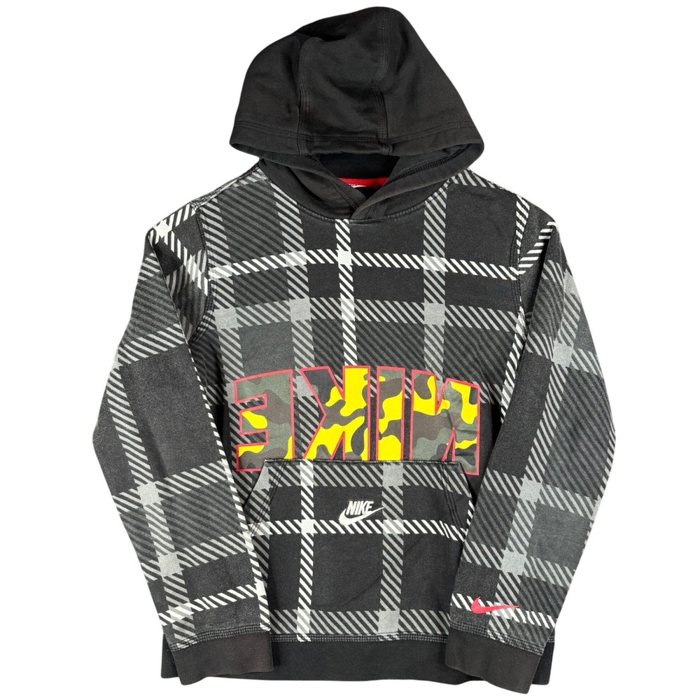 Nike Sportswear Boys Plaid Camo Logo Pullover Hoodie Black Grey Size Medium Cool